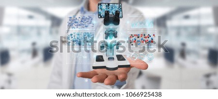 Doctor on blurred background using modern microscope with digital analysis 3D rendering