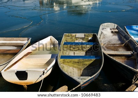 Rowboats in fishermen village of Rockport on Atlantic coast of Massachussets