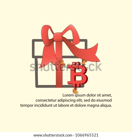 Funny bitcoin with a gift. Poster with space for text. Digital currency. Cryptocurrency sign and inscription on a light background. Illustration of financial technology.