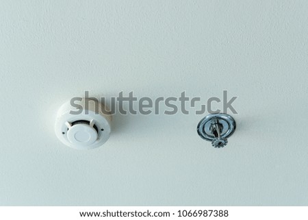 Smoke detector and fire sprinkler on a ceiling