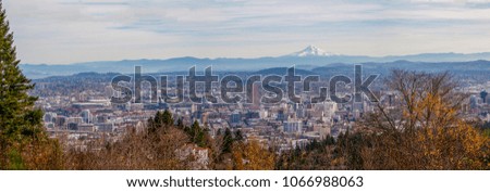 Oregon Skyline Panorama A view over the City Of Portland, Oregon with Mount Hood on the horizon.