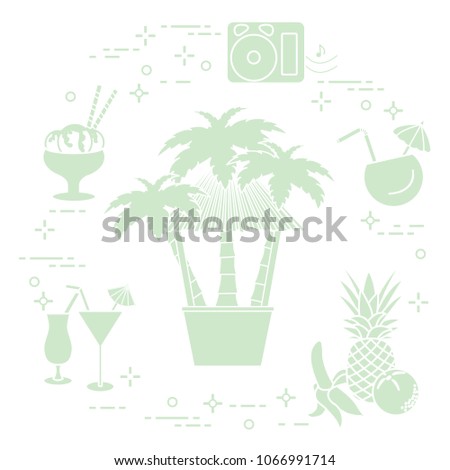 Bar on the beach, palm trees, cocktails, ice cream, music speakers, banana, pineapple, orange.