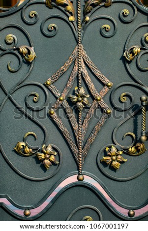 Details, structure and ornaments of forged iron gate. Floral decorative ornament, made from metal. Vintage metallic pattern. Decorative elements as a background.
