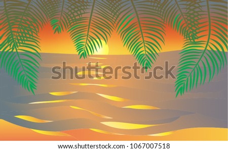 Sunset at the sea. Sunrise at the sea. Ocean. The sky and the sun. Palm trees on the beach. Warm countries. Travel, vacation. Vector illustration 2
