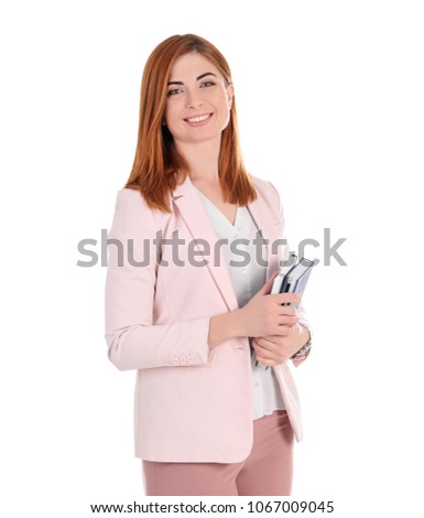 Beautiful young teacher with notebooks on white background