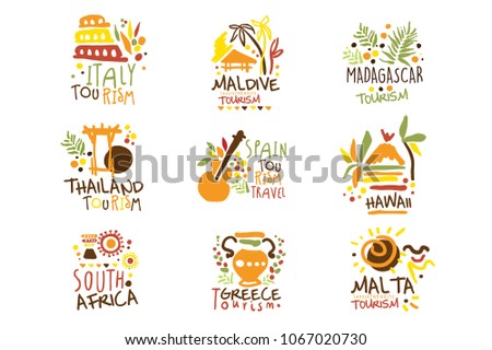 Touristic Travel Agency Set Of Colorful Promo Sign Design Templates With Different Tourism Countries And Their Famous Objects