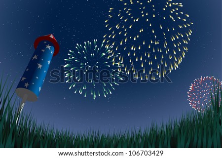 Cartoon illustration of an aerial fireworks display, viewed from a low angle with an unlit aerial firework sitting in a grassy field in the foreground.