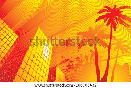 Stylized vector illustration of a very hot summer evening in the downtown area of a city.