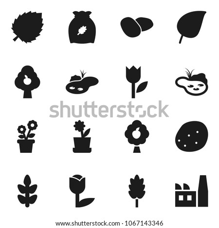 Flat vector icon set - cereal vector, potato, leaf, cereals, tulip, pond, fruit tree, flower in pot, factory