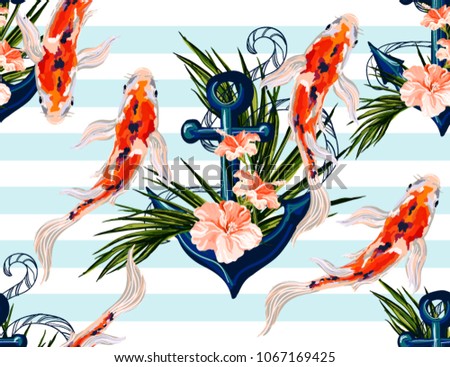 Beautiful seamless vector tropical pattern with koi fish, anchor, hibiscus, palm leaves. Abstract geometric texture, stripes. Perfect for wallpapers, web page backgrounds, surface textures, textile.