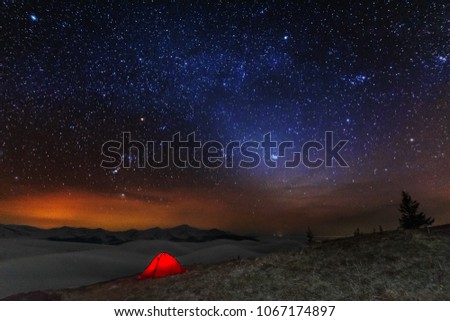 Morning and night in mountains,spring crocuses,sunrises sky clouds,tent,night sky stars,milky way