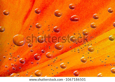 Round water droplets background with a pattern of pixels in a striped orange colour.