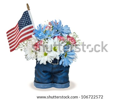 patriotic bouquet with flag in blue jean vase