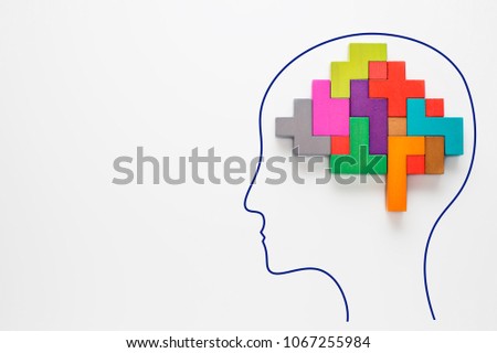 Human brain is made of multi-colored wooden blocks. Creative business concept.  Royalty-Free Stock Photo #1067255984