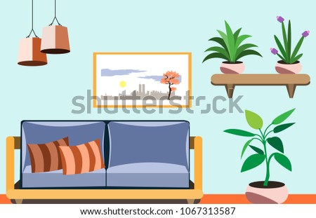 Room interior vector illustration of old or modern apartments living room with furniture. Flat cartoon banners design with sofa, shelf and flowerpots, pictures on wall and lamp.