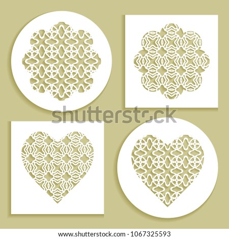 Templates for laser cutting, plotter cutting, printing. Heart and flower shape line pattern. Geometric design cut out of paper. Mandala die cut ornament. Fretwork panels, cutout silhouette stencils