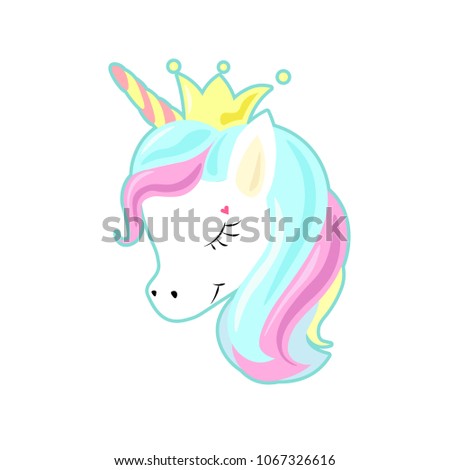 Baby Unicorn cute cartoon in flat style for clothes or as logotype, badge, brooch, icon, card, poster, invitation, banner template. Vector illustration in pastel color. Girl, woman fashion print.