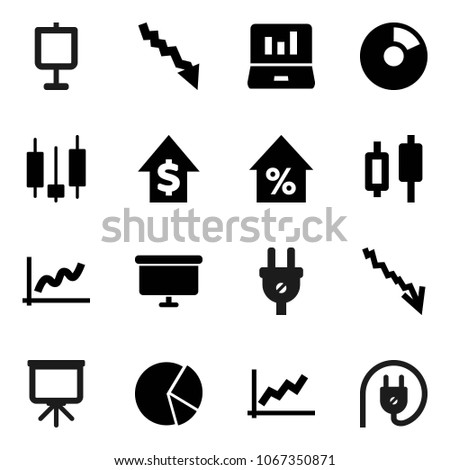 Flat vector icon set - presentation vector, graph, pie, japanese candle, laptop, crisis, percent growth, dollar, board, power plug