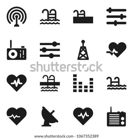 Flat vector icon set - heart pulse vector, pool, satellite antenna, equalizer, radio