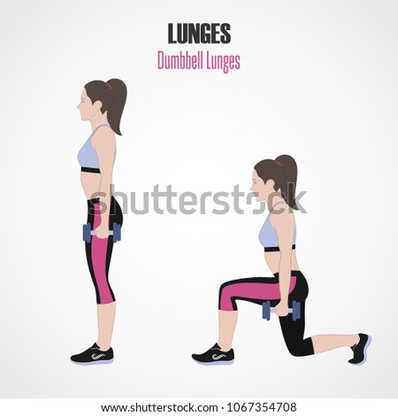 Sport exercises. Exercises with free weight. Classic dumbbell Lunges. Illustration of an active lifestyle. Exercise for beautiful thighs and buttocks. 