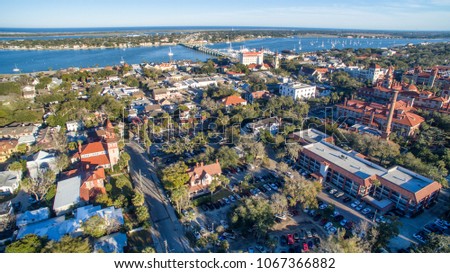 Aerial view of St Augustine skyline and bridge, Florida.