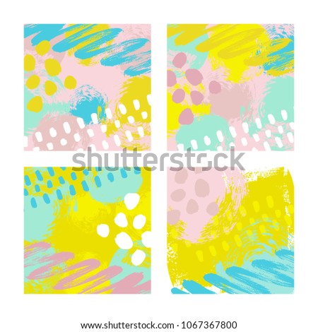 Vector illustration, set of hand drawn abstract backgrounds with paint blots, spots, dots and lines with space for text.