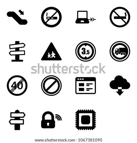 Solid vector icon set - escalator down vector, no smoking sign, notebook connect, road signpost, children, limited height, truck, end speed limit, parking, website, download cloud, wireless lock