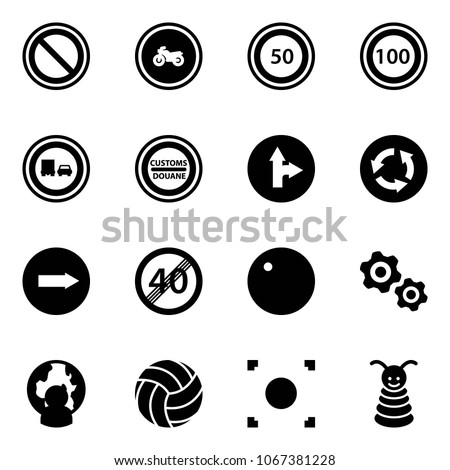Solid vector icon set - prohibition vector road sign, no moto, speed limit 50, 100, truck overtake, customs, only forward right, circle, end, record, gears, man globe, volleyball, button