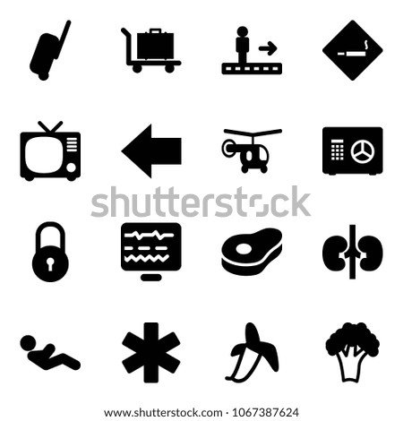 Solid vector icon set - suitcase vector, baggage, travolator, smoking area sign, tv, left arrow, helicopter, safe, lock, diagnostic monitor, meat, kidneys, abdominal muscles, ambulance star, banana