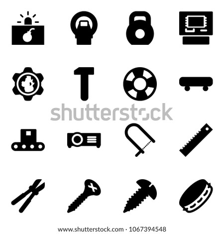 Solid vector icon set - terrorism vector, mri, weight, atm, gear globe, work, lifebuoy, skateboard, conveyor, projector, fretsaw, ruler, bolt cutter, screw, tambourine