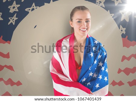 Woman wrapped in american against hand drawn american flag with flares