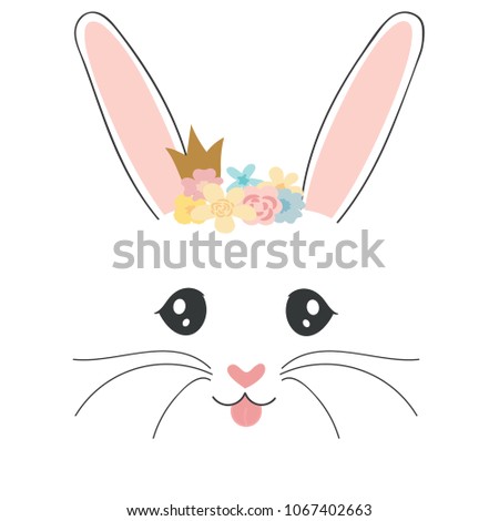 Cute cartoon rabbit face. Little Bunny with crown and flowers. Vector illustration for children.