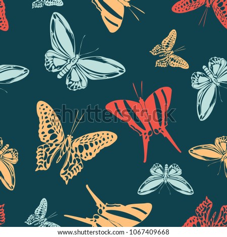 Pretty seamless butterfly engraving background isolated on contrast back layer. Wildlife butterfly etching theme vector. Insect silhouette artwork for wrapping paper.