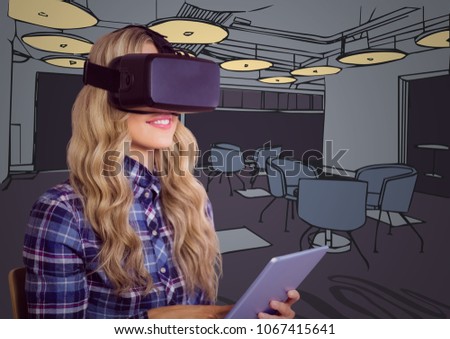 Woman in virtual reality headset with tablet against purple hand drawn office