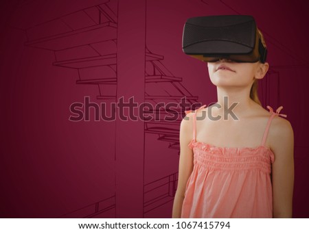 Girl in virtual reality headset against maroon hand drawn stairs