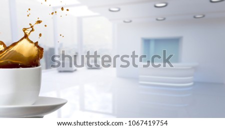 Cup with coffee splashing against blurry white office