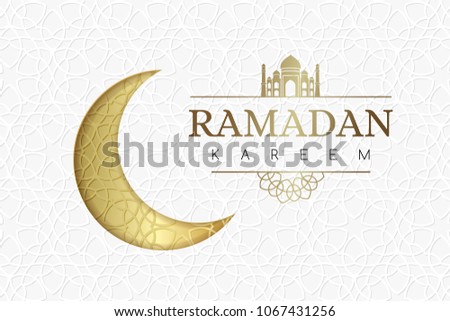 Ramadan background with golden moon and geometric white texture.