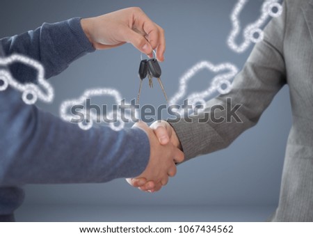 Hands Holding key with cars in front of vignette with handshake