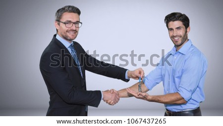 men Holding key and handshake in front of vignette