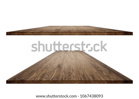 Empty dining table vintage style with clipping path in perspective view for product placement or montage with focus to table. Wooden board surface.