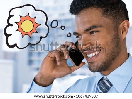 Close up of business man on phone thinking of sun against blurry building