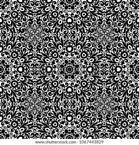 Black and white seamless pattern with flourishes, monochrome intricate background. Tribal ethnic ornament, decorative repeating texture endless tile, eastern exquisite style wallpaper or texture.