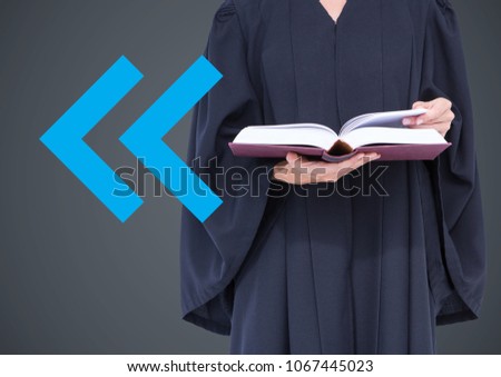 Judge mid section with book and blue arrow against grey background