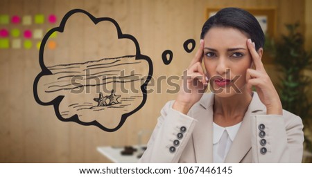 Frustrated business woman dreaming of beach against blurry office