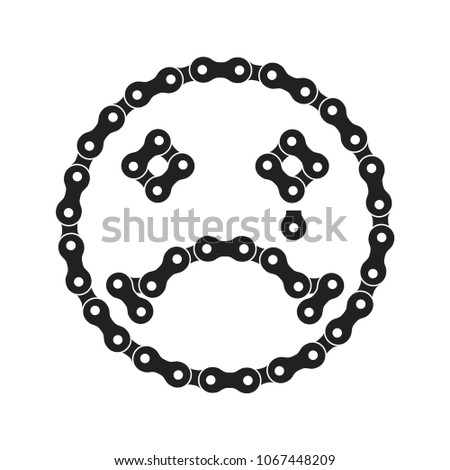 Vector Sad Face Icon Made of Bike or Bicycle Chain. Sad Emoji with Tear. Unhappy Face. Monochrome Black Bike Chain. Negative Vector Smile for Graphic Design, Social Media, UI, Mobile App.