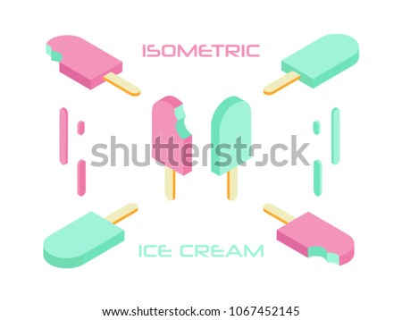 Set of cute ice cream on a stick. Vector illustration isometric. 