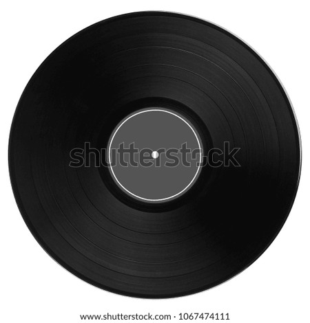 Black vinyl record with very dark gray label and white edging isolated on white background. Top view.