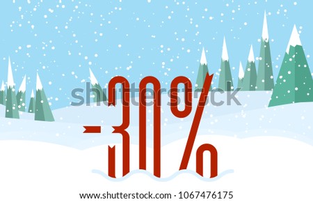 Winter forest landscape,snowy sky. Red Percent on snow.Flat style for web