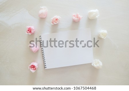 Pastel Gradient Colors Light Pink Flower Bud Of Rose Paper Notebook Open Space For Text Greeting Card Concept Of Romantic Love Gentle Wedding