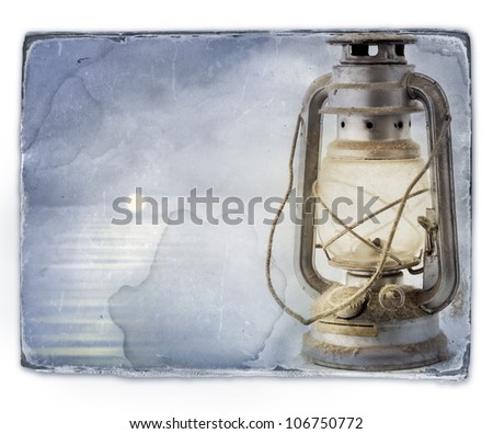 Marine landscape and ships lantern. Old paper texture background with clipping paths